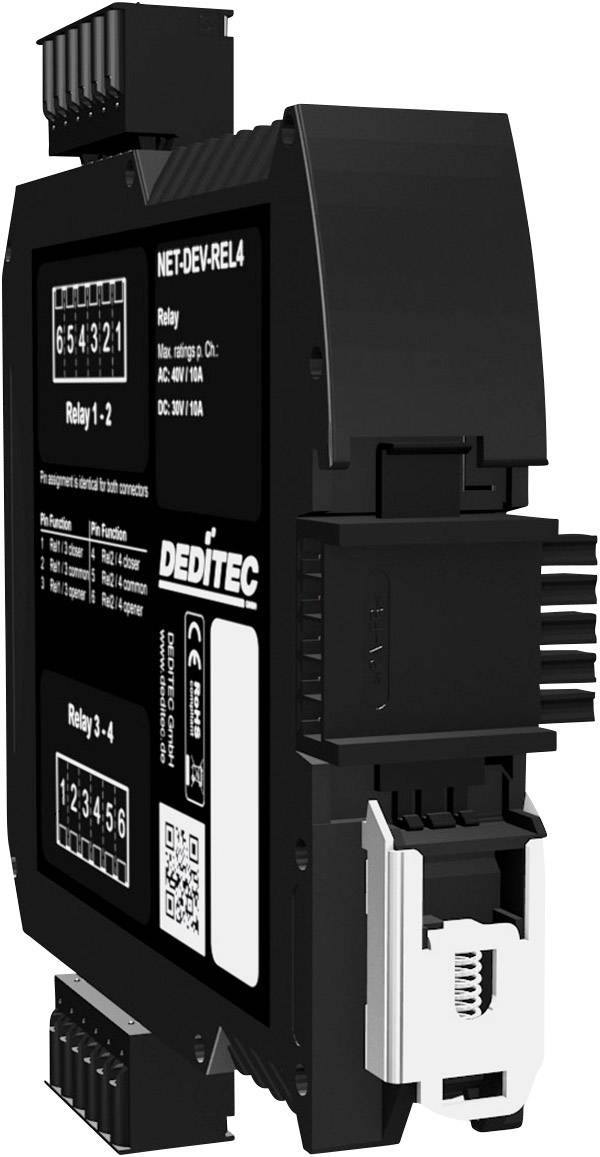 Unité de relais réseau à 4 canaux, type 'NET-DEV-REL4', fabricant 'DEDITEC', présente les possibilités de connexion et les spécifications techniques.