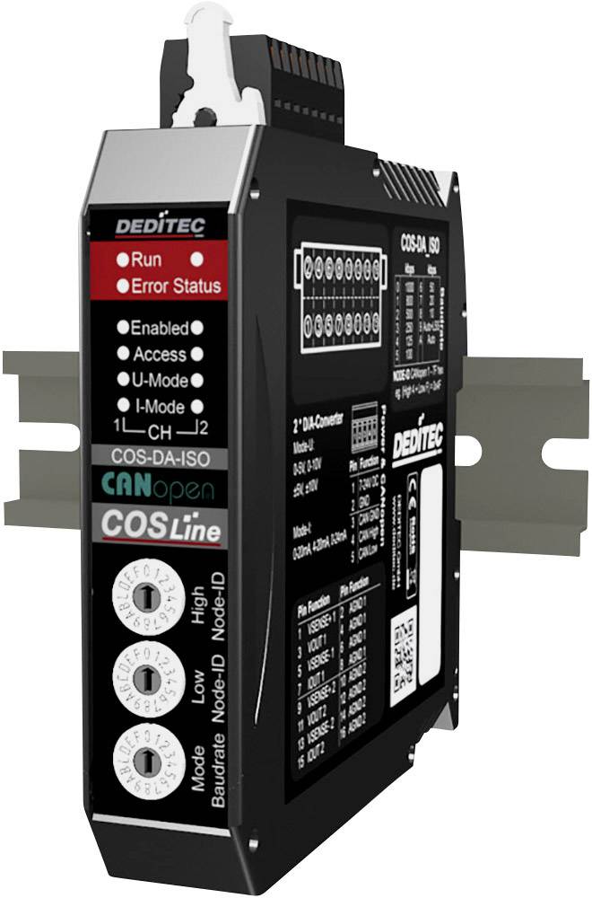 Un module électronique noir de la marque Deditc avec des LED et divers connecteurs pour un montage sur rail DIN.