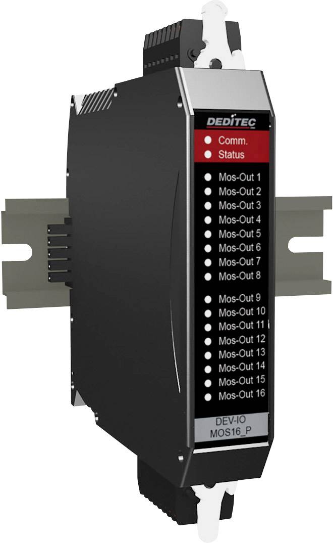 Appareil électronique doté de 16 sorties, étiquetées de 'Mos-Out 1' à 'Mos-Out 16'. Dispose de LED d'état pour la communication et le statut.