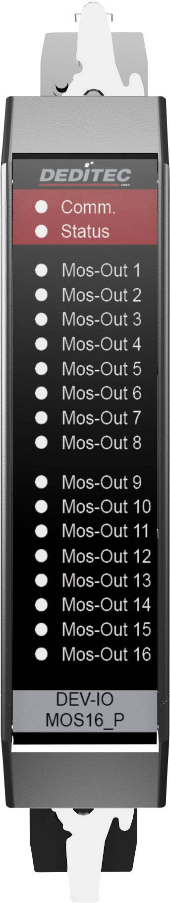Dispositif électronique avec 16 sorties Mosfet, indicateurs LED pour 'Comm' et 'Statut', étiqueté comme 'DEV-10 MO516_P'.