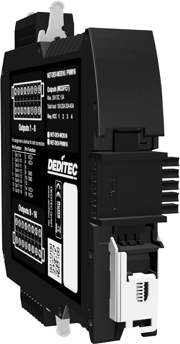 Module électronique de contrôle des sorties, noir avec bornes de connexion et étiquettes. Fabricant : Deditac.