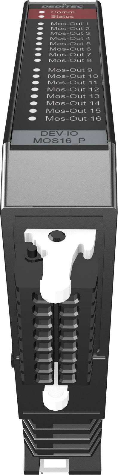 Appareil électrique doté d'emplacements latéraux et de voyants LED affichant divers états, comprenant les indicateurs 'Mos.Out 1' à 'Mos.Out 16'.
