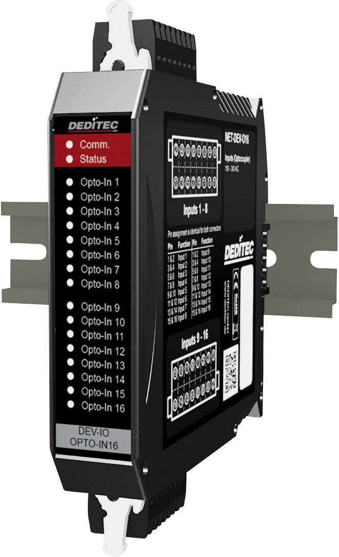 Module sur rail DIN de DEDITECH avec 16 entrées optocoupleurs et indicateur de statut de communication.