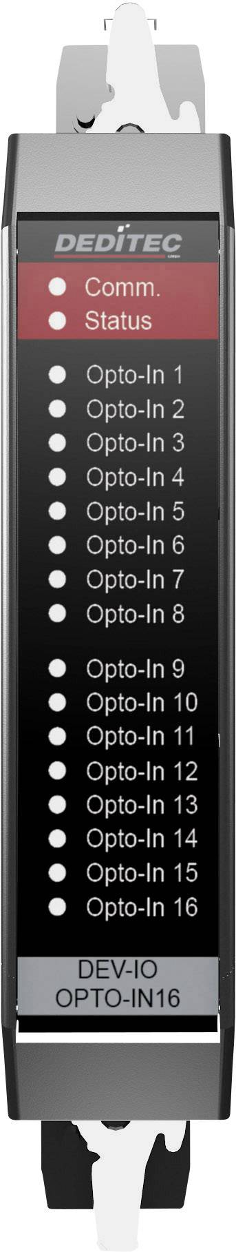 Unité de commande avec 16 voyants LED 'Opto-In' et deux voyants d'état pour 'Comm.' et 'Status', étiquetée 'DEV-IO OPTO-IN16'.