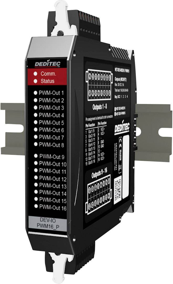 Un module noir sur rail DIN avec 16 sorties PWM et des voyants lumineux pour la communication et le statut.