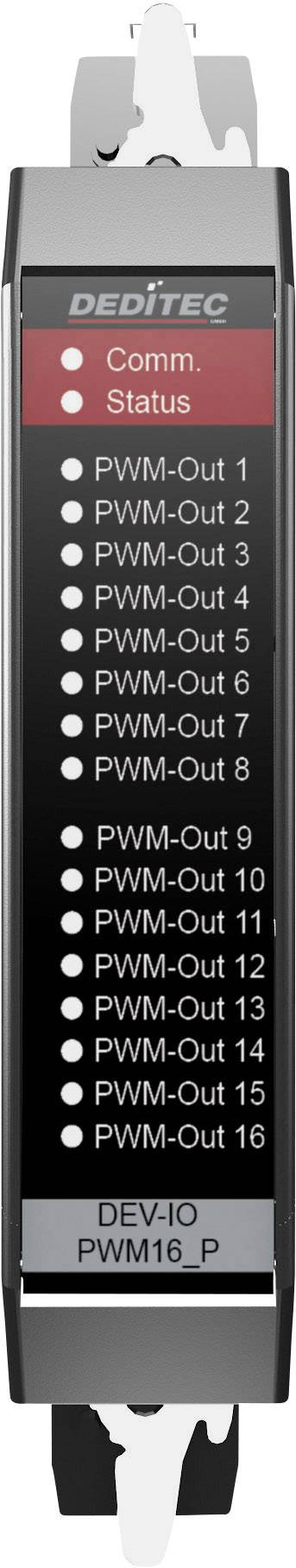 Petit appareil doté de 16 sorties PWM, avec indicateurs de statut et de communication, étiqueté DEV-IO PWM16_P de DEDITEK.