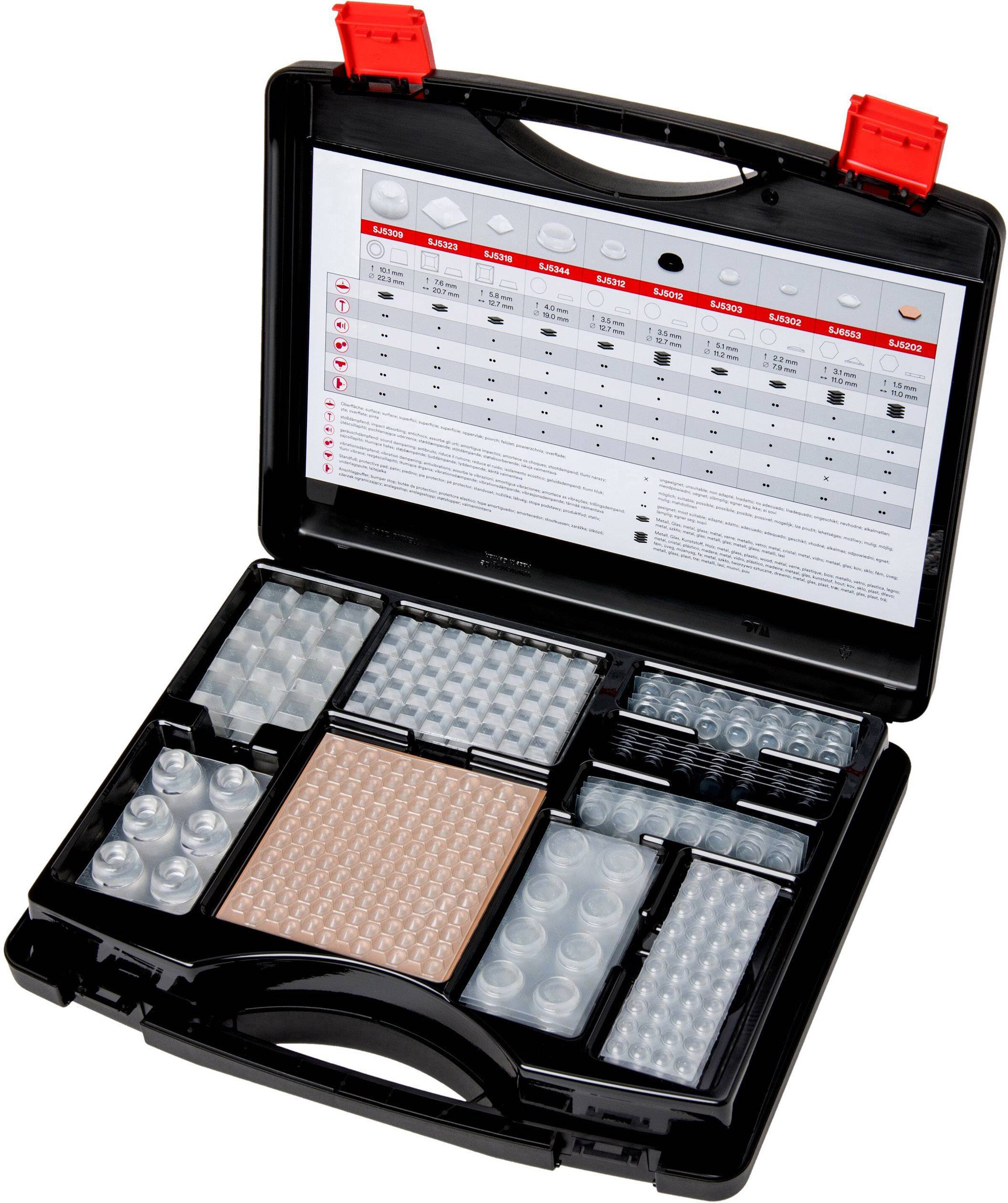 Valise noire ouverte contenant divers flacons et tubes d'échantillons, rangés méthodiquement dans des compartiments, avec un tableau dans le couvercle.