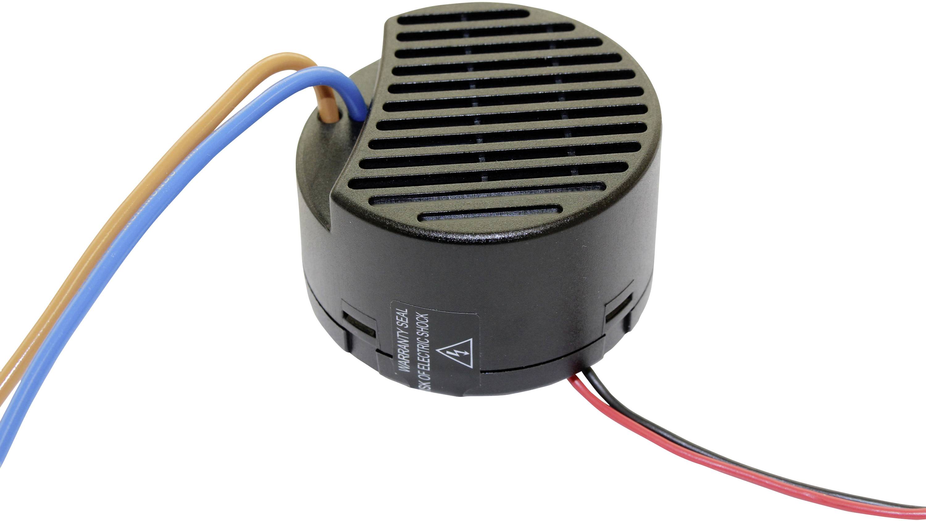 Un module électronique avec un couvercle noir rond et quatre câbles de différentes couleurs dépassant.
