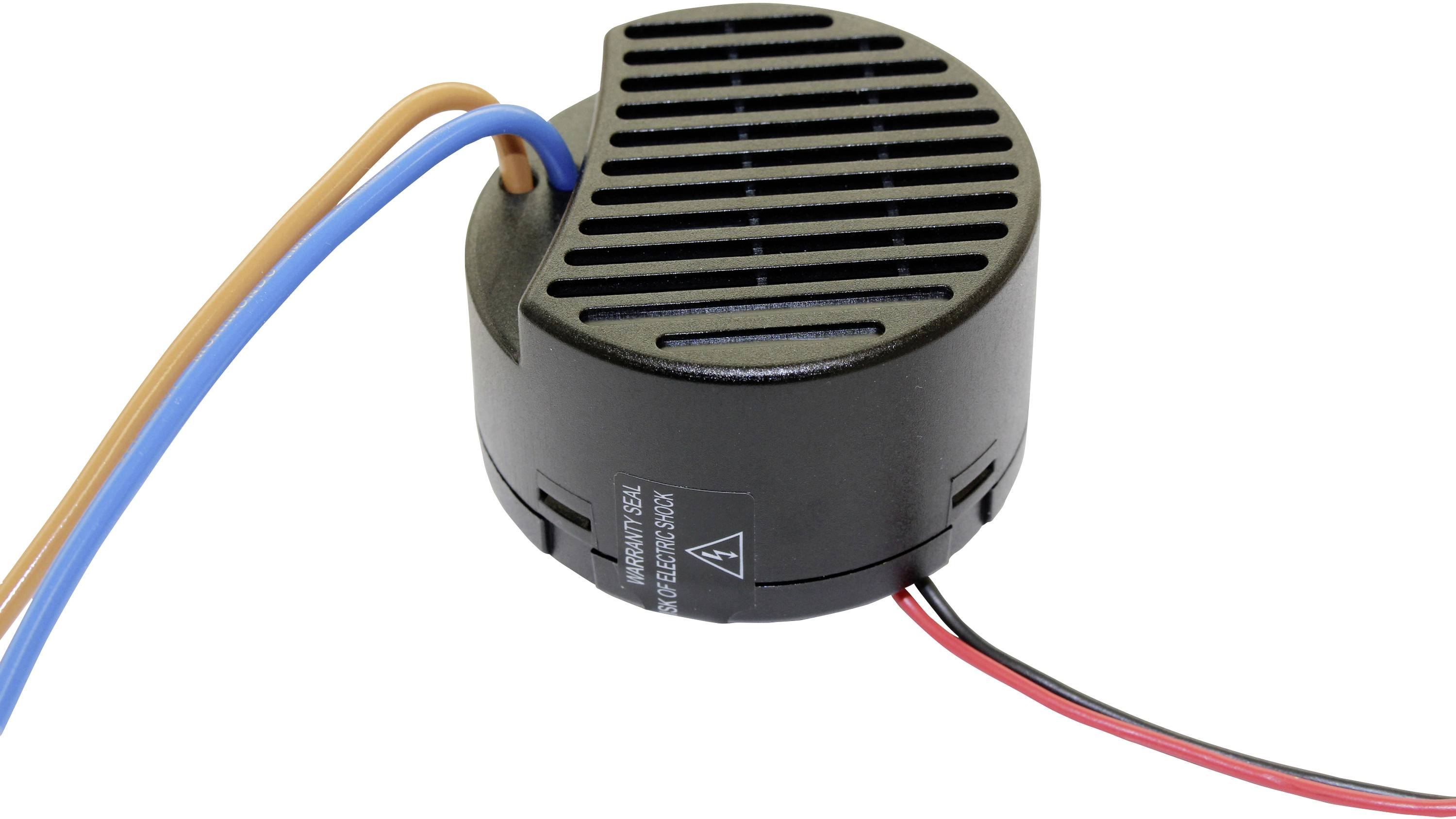 Haut-parleur noir rond avec des fentes de ventilation et quatre câbles de sortie de différentes couleurs.