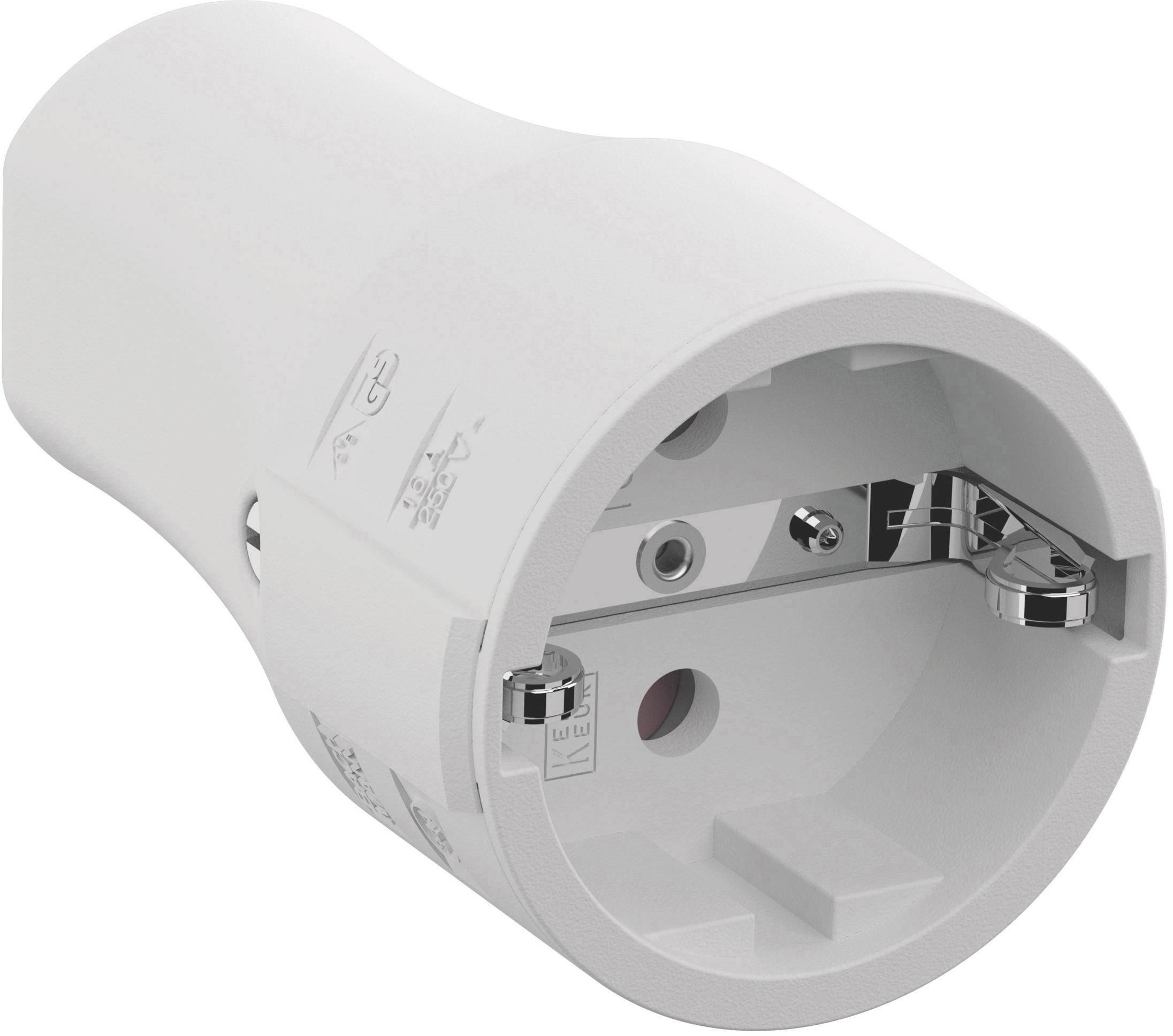 Un adaptateur de prise Schuko blanc avec un boîtier en plastique robuste et des contacts métalliques argentés. Adapté aux prises électriques européennes.