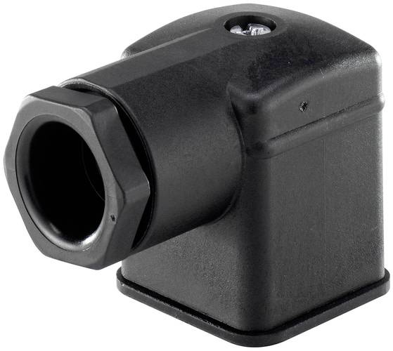 Connecteur en plastique noir de forme rectangulaire avec sortie de câble coudée. Utilisé pour les connexions électriques.