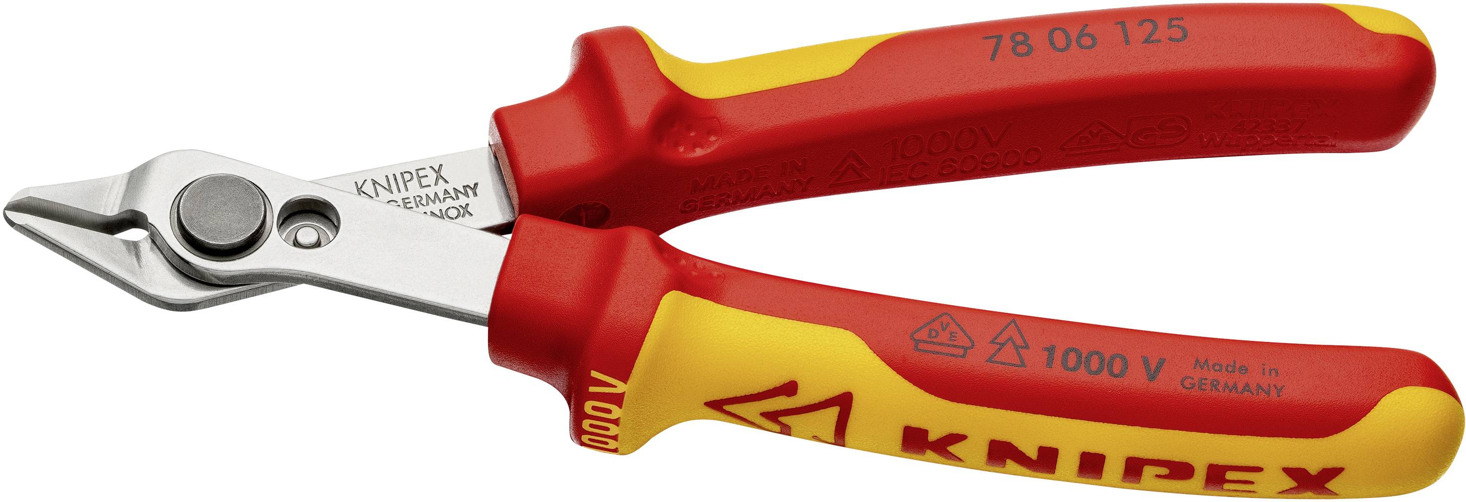 Une pince de câble isolante rouge et jaune de Knipex, adaptée pour couper des câbles ; isolée pour des travaux jusqu'à 1000 volts.