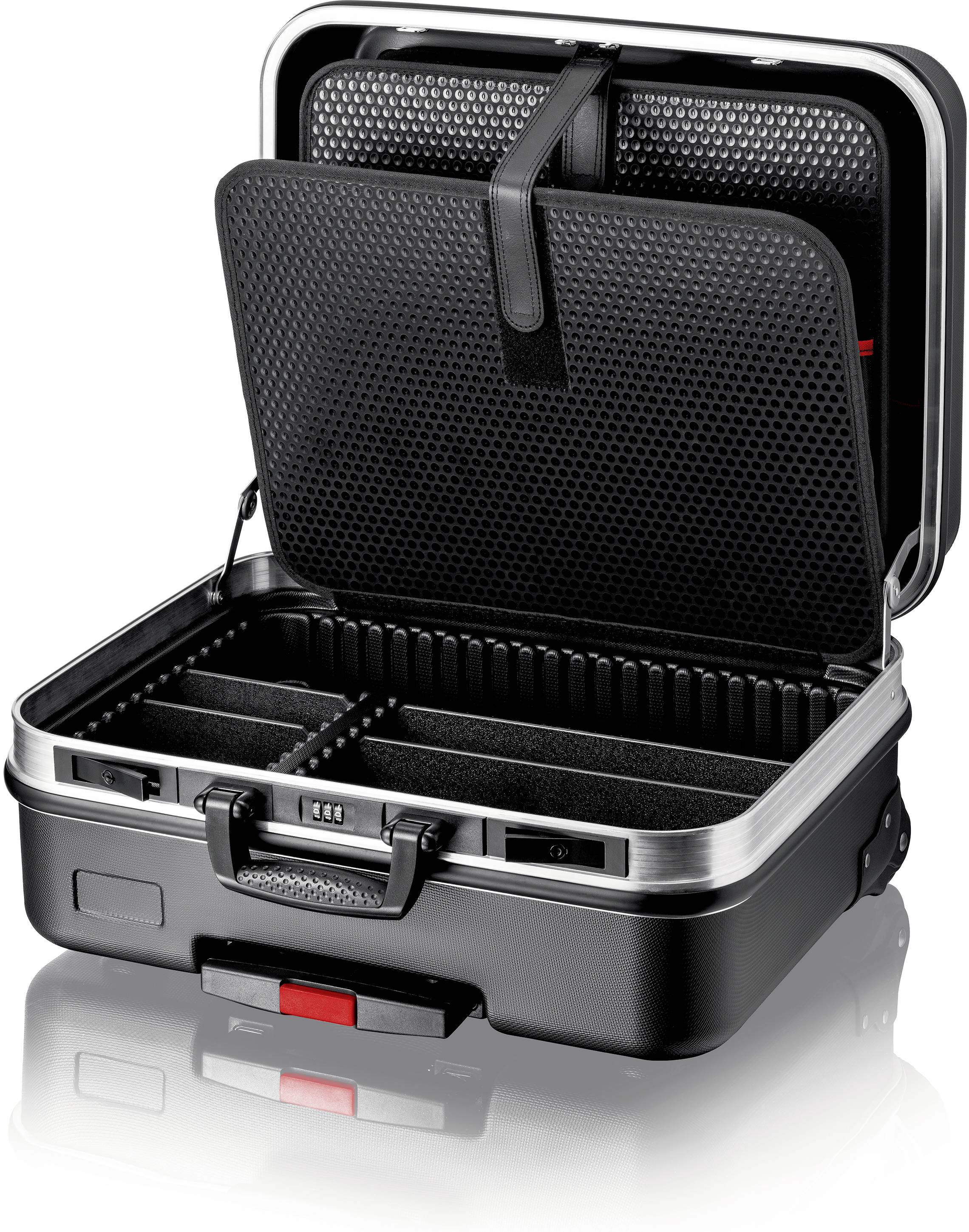 Valise rigide en argent et noir avec couvercle ouvert, montrant de nombreux compartiments intérieurs et un cadenas à code.