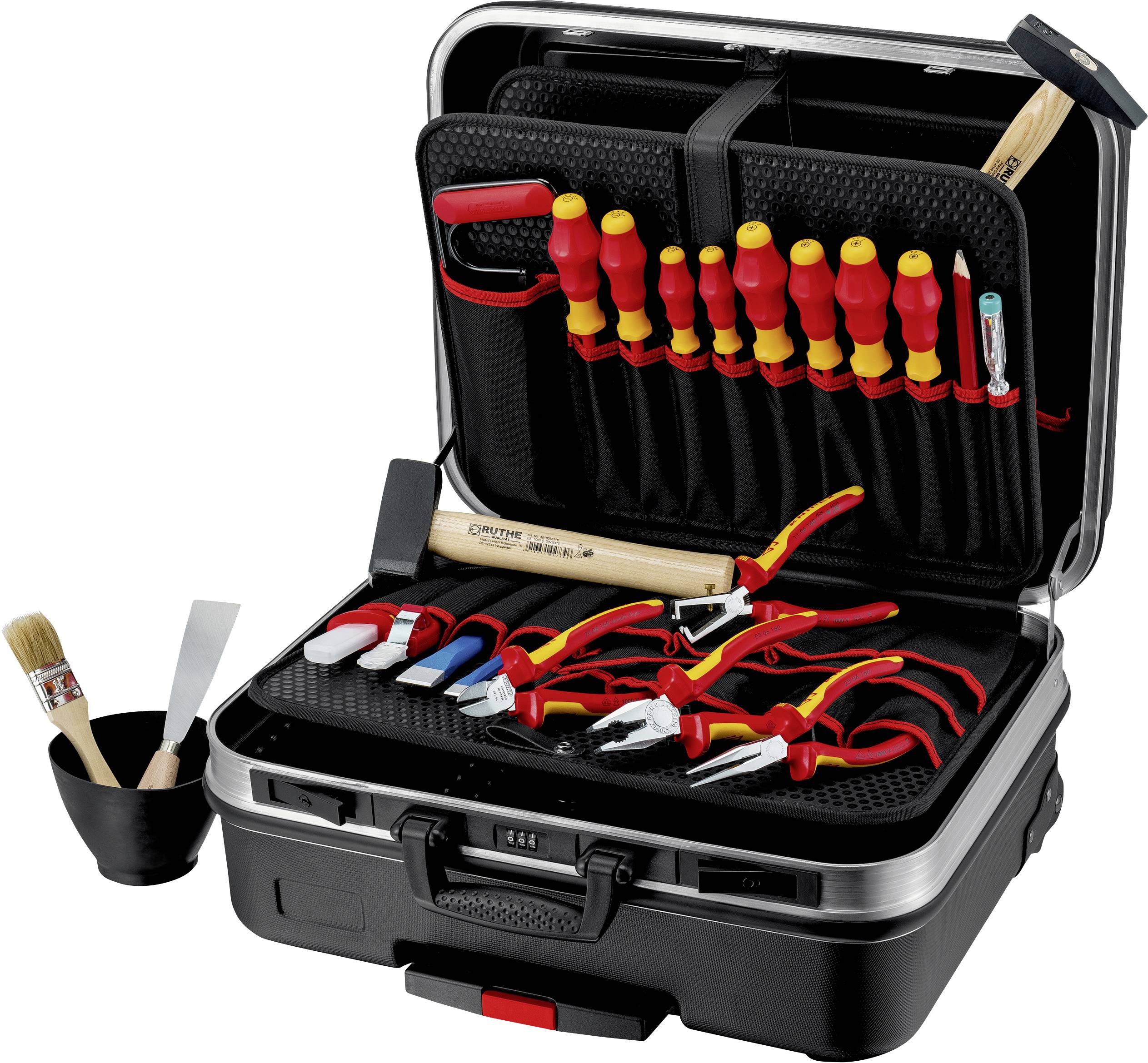 Une boîte à outils ouverte contenant divers outils tels que des tournevis, des pinces et un marteau, tous soigneusement rangés à l'intérieur.
