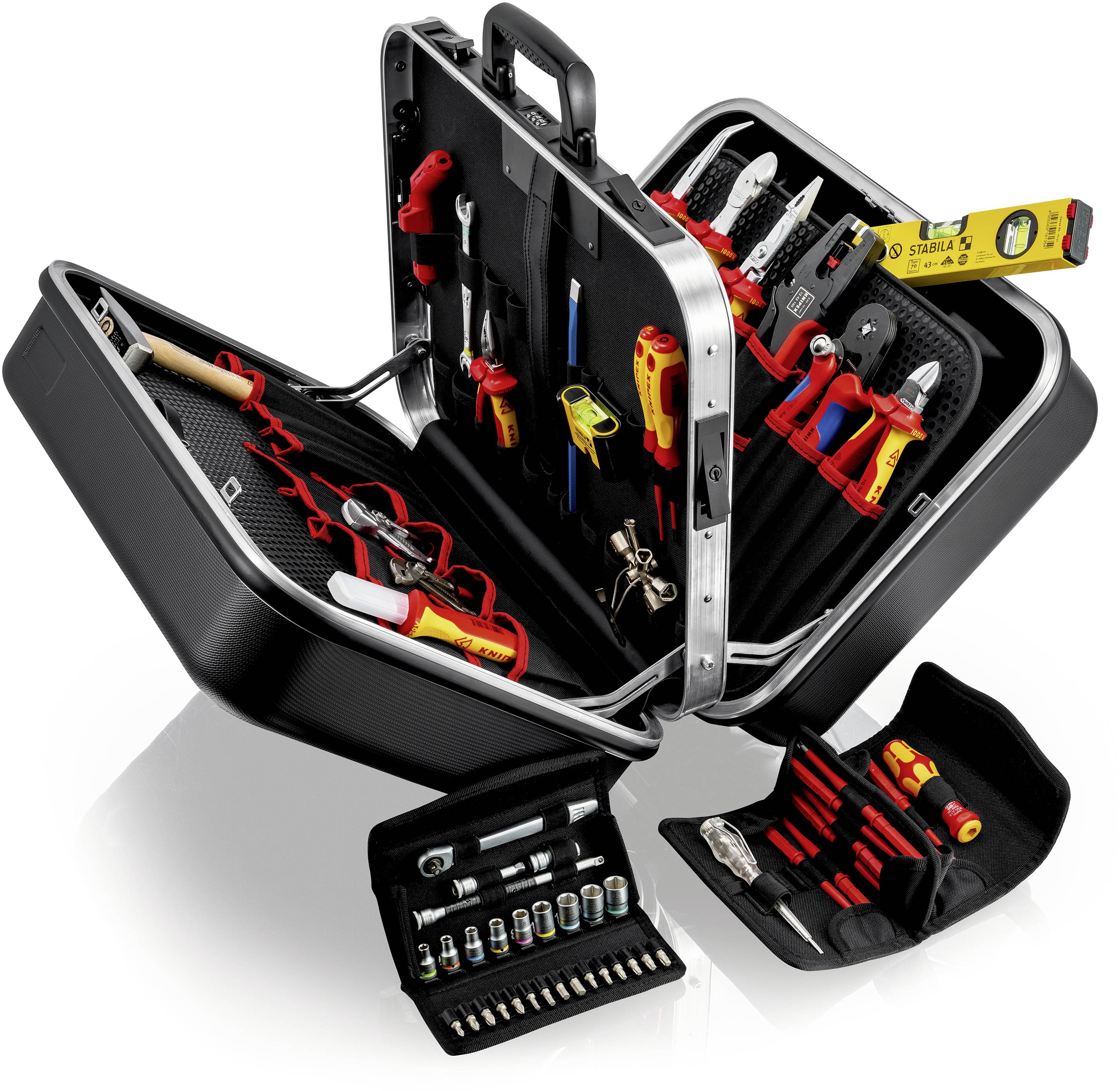 Boîte à outils, ouverte, montrant divers outils tels que des pinces, des tournevis et un appareil de mesure dans des compartiments organisés.