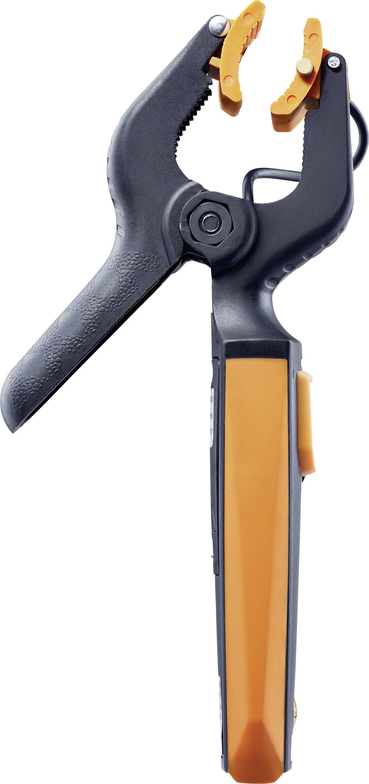 Pince électrique à poignée ergonomique en noir et orange, adaptée pour saisir et maintenir de petits objets.