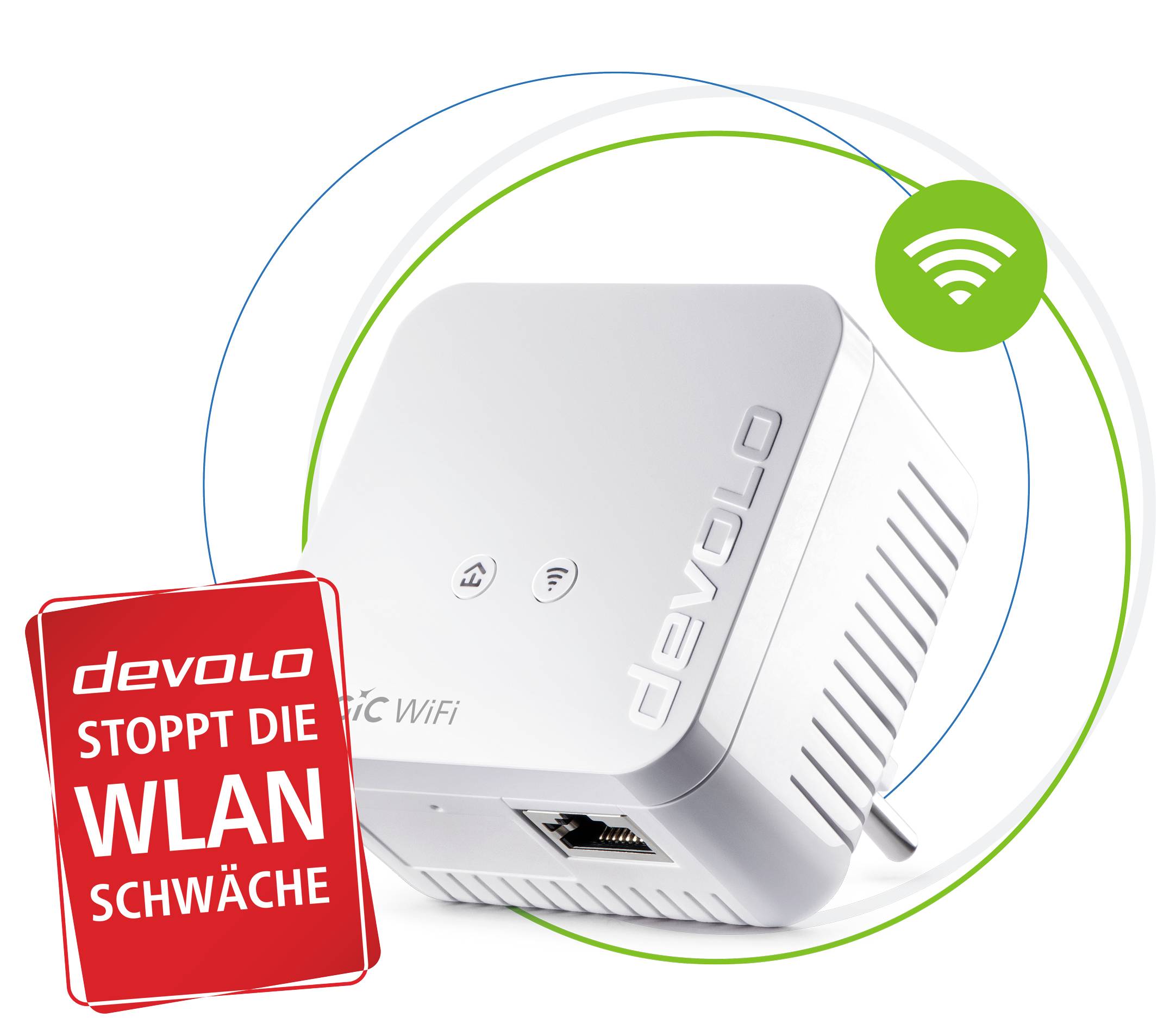 Amplificateur Wi-Fi, étiqueté 'ARRÊTEZ LA FAIBLESSE DU WI-FI', affichant un symbole de réseau sans fil. Produit de devolo.