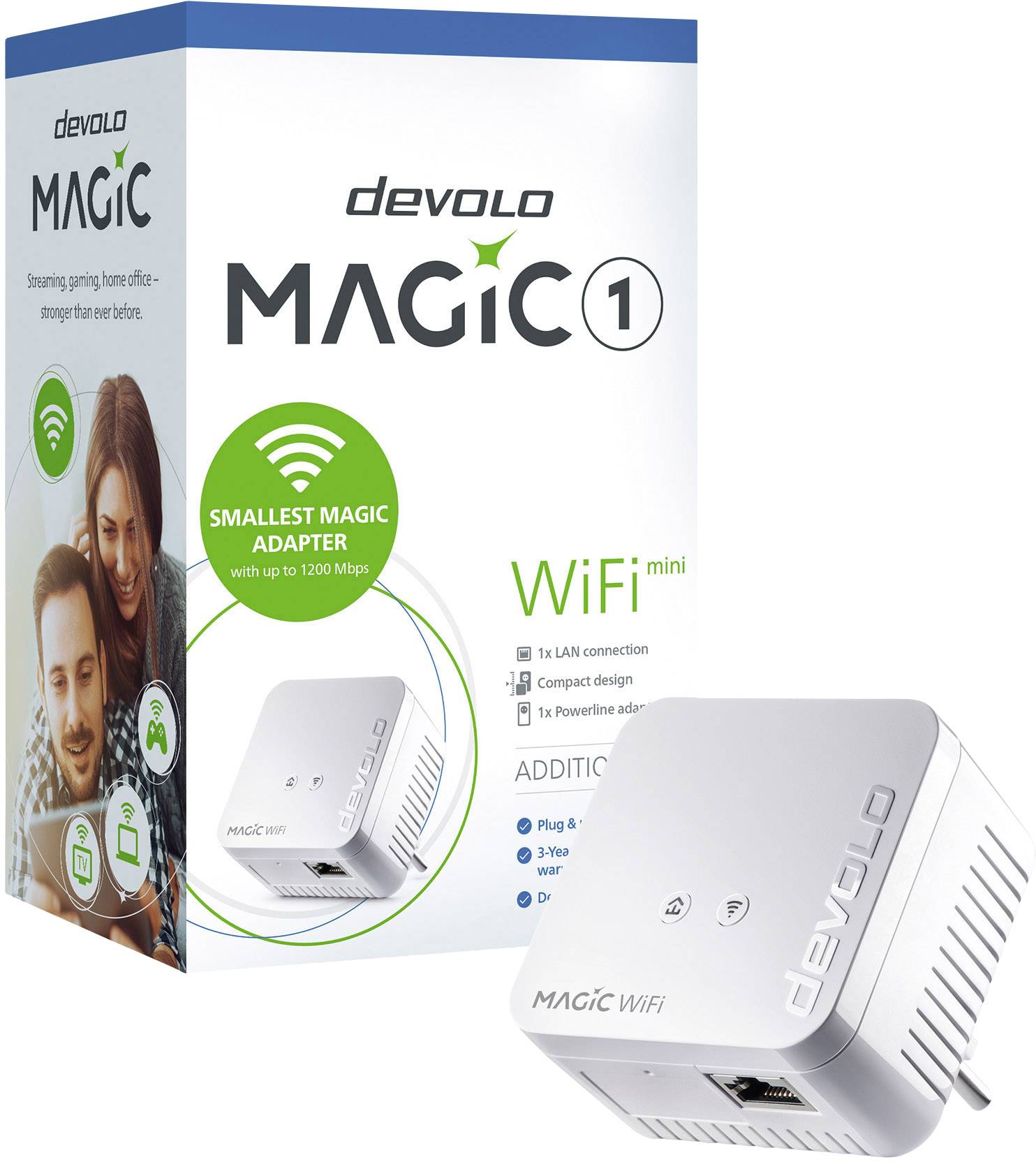 Emballage d'un adaptateur 'devolo Magic 1 WiFi mini'. Présente une image de l'appareil, ses spécifications et avantages tels que 'jusqu'à 1200 Mbit/s'.