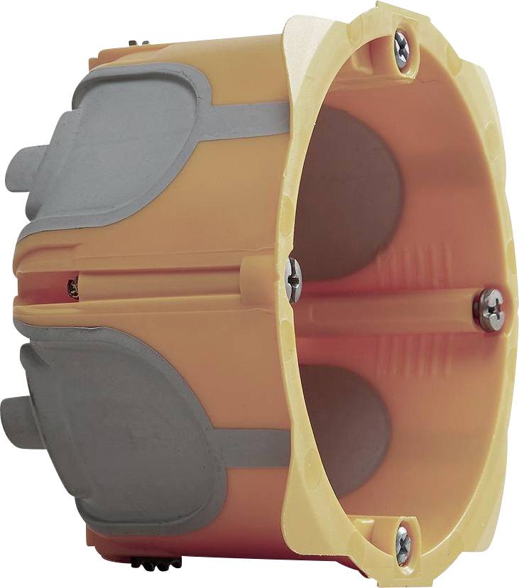 Boîte d'encastrement électronique en plastique, orange, avec des insertions grises et fixation par vis, pour montage mural et connexions de câbles.