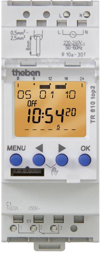 Horloge électronique programmable avec affichage, indiquant la date et l'heure ; touches de menu et de validation pour le contrôle ; voyants lumineux pour l'indication de fonction.