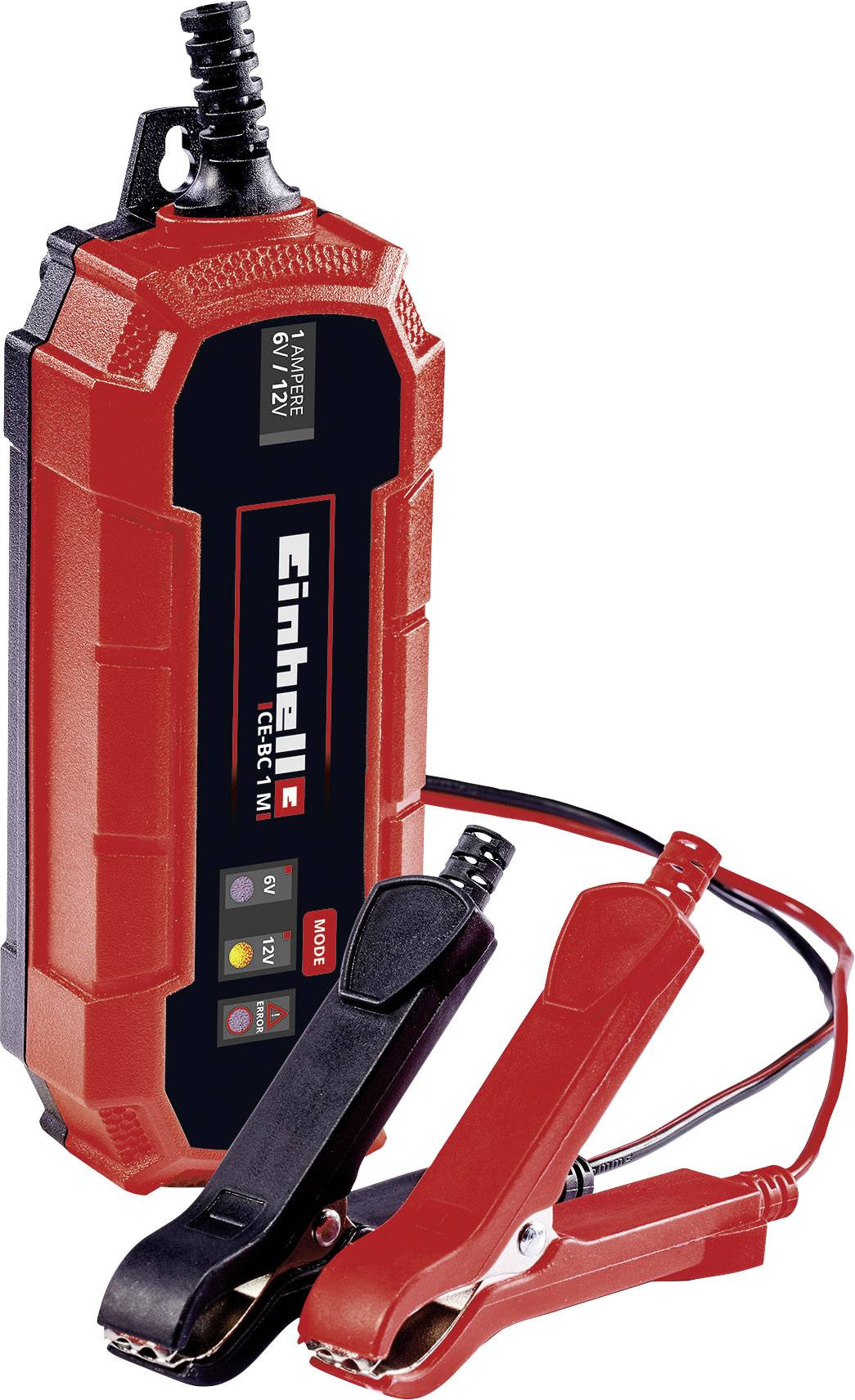Un chargeur de batterie rouge Einhell avec deux pinces, robuste et compact. Idéal pour charger les batteries de véhicules.