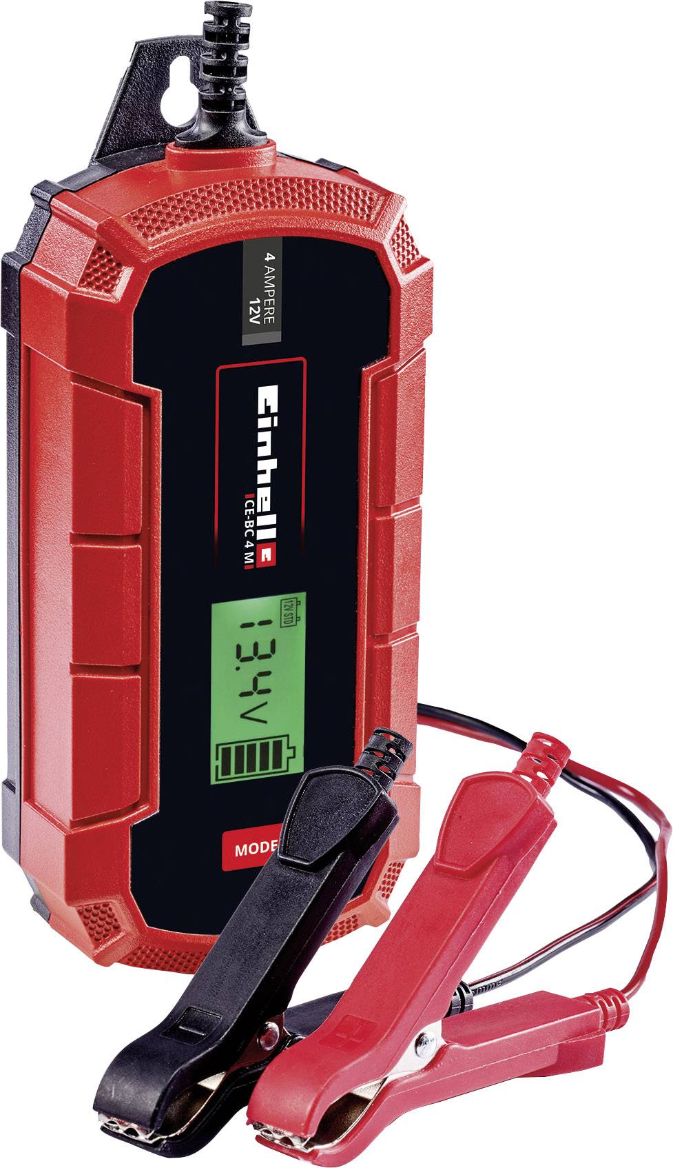 Chargeur de batterie rouge avec écran numérique affichant '13,4V'. Deux bornes, l'une noire et l'autre rouge, sont installées à l'avant.