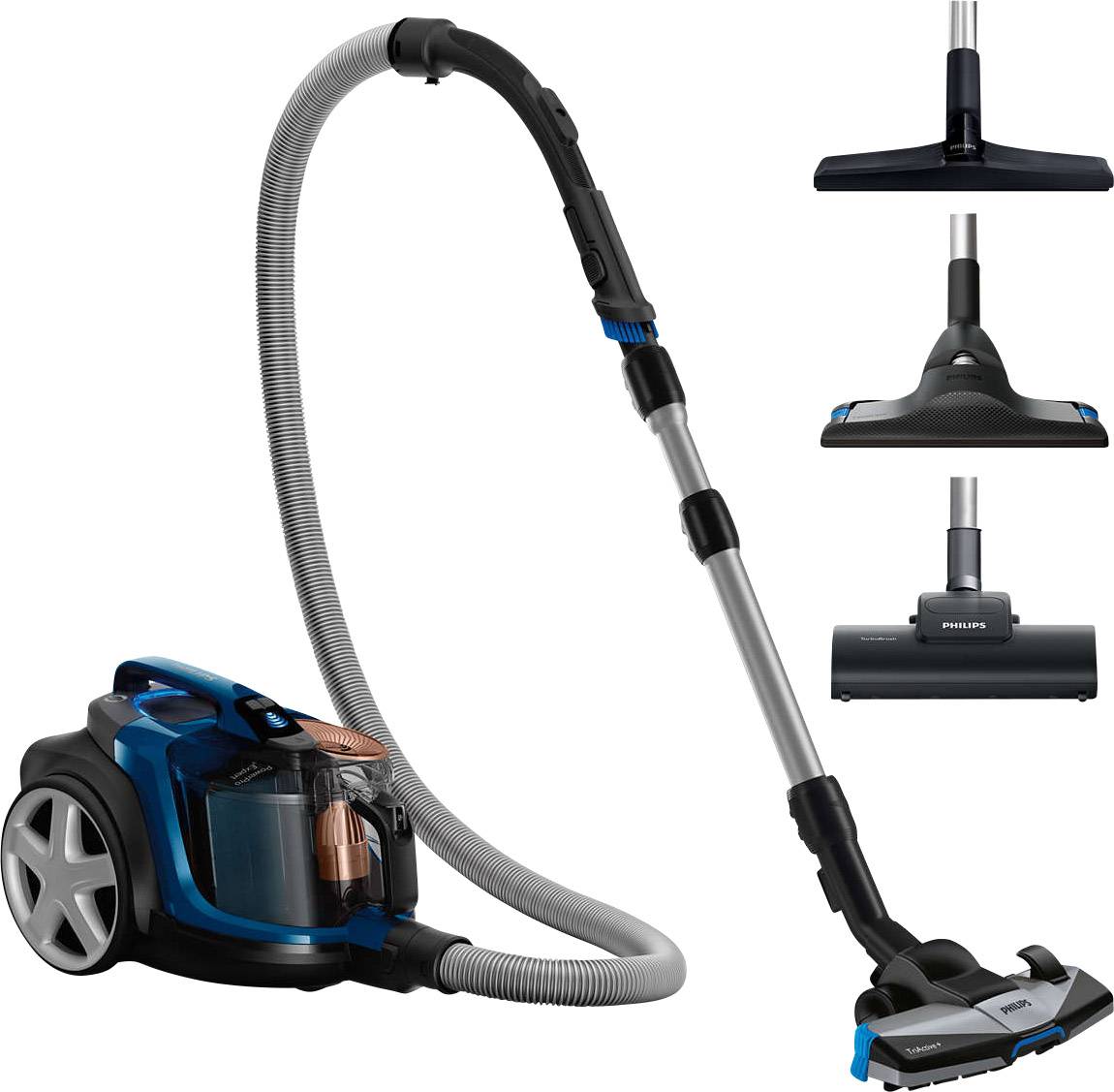 Aspirateur sans sac avec réservoir bleu et trois embouts différents. Adapté à divers travaux de nettoyage.