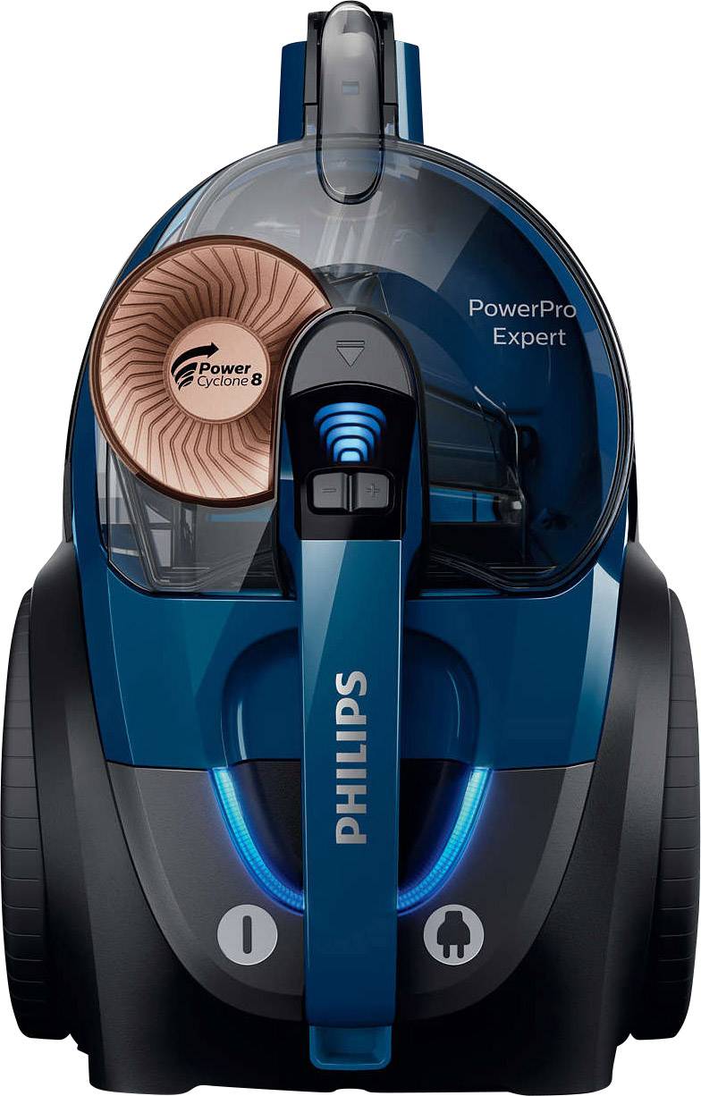 Aspirateur sans sac bleu Philips PowerPro Expert avec technologie cyclonique, boîtier noir et éléments en cuivre.