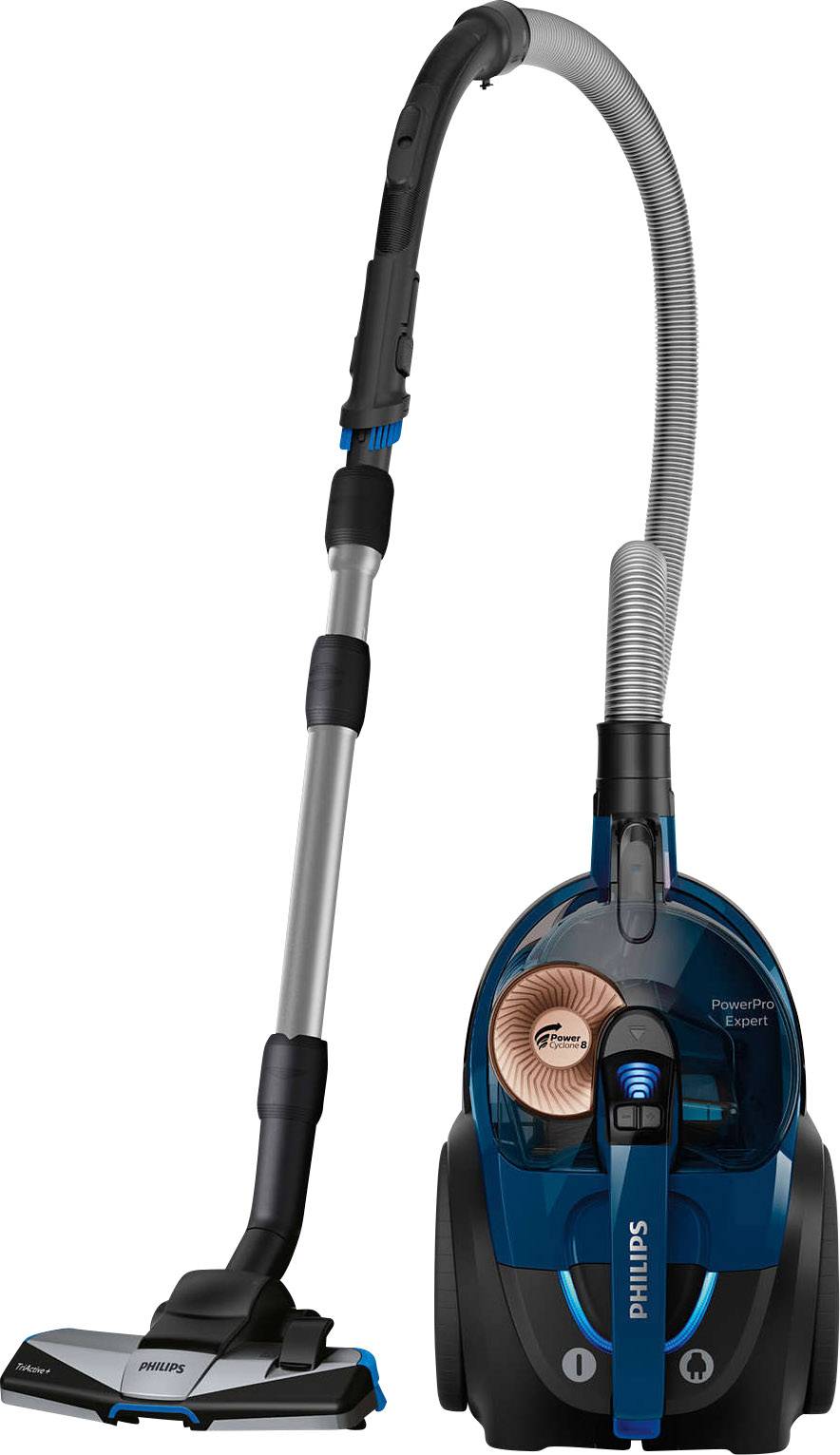 Un aspirateur bleu de Philips avec un réservoir transparent et un tuyau noir. Adapté pour un nettoyage efficace.