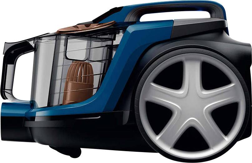 Un aspirateur bleu sans sac, doté de grandes roues et d'un réservoir transparent qui permet de voir le filtre à l'intérieur.