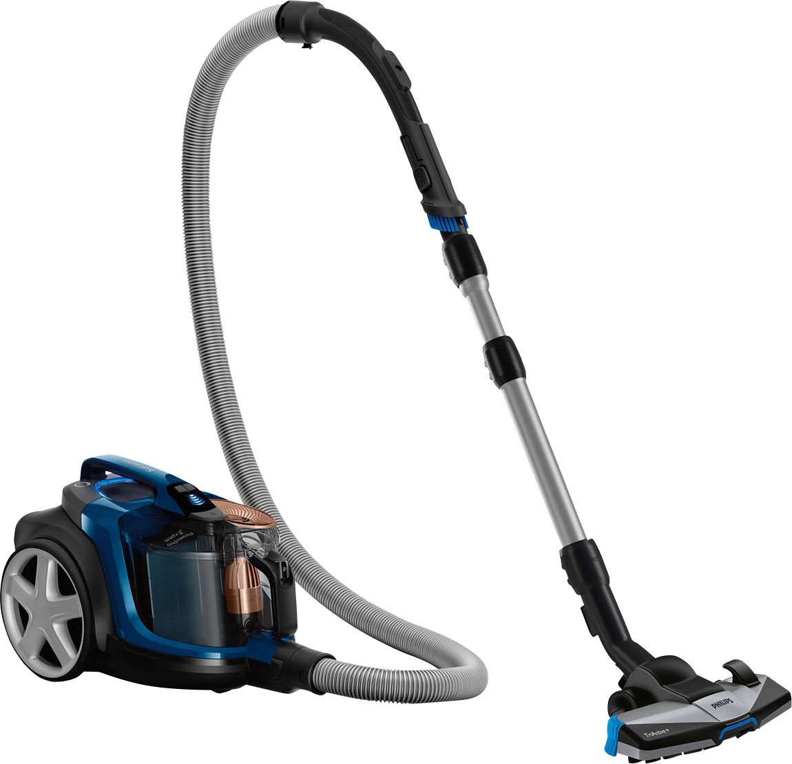 Aspirateur au boîtier bleu et au long tuyau, sur un fond blanc. Des grandes roues sont visibles à gauche.