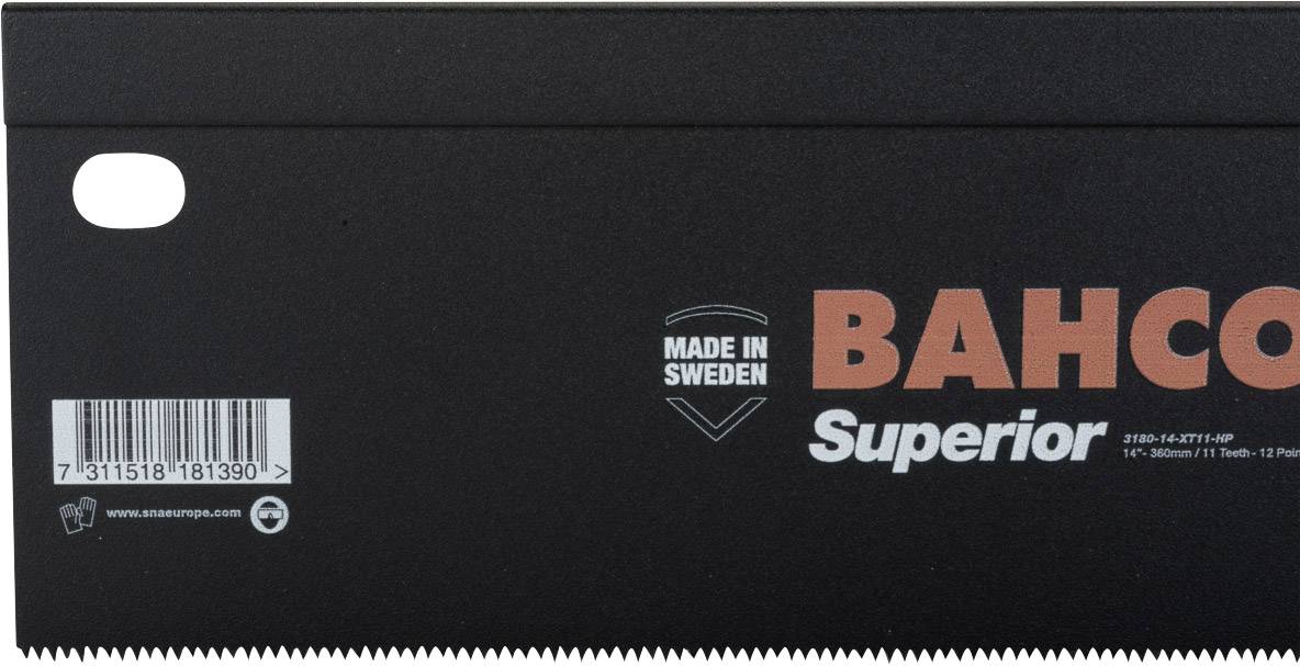 Schwarzes Sägeblatt mit der Aufschrift 'Made in Sweden', 'Bahco Superior' und Barcode.
