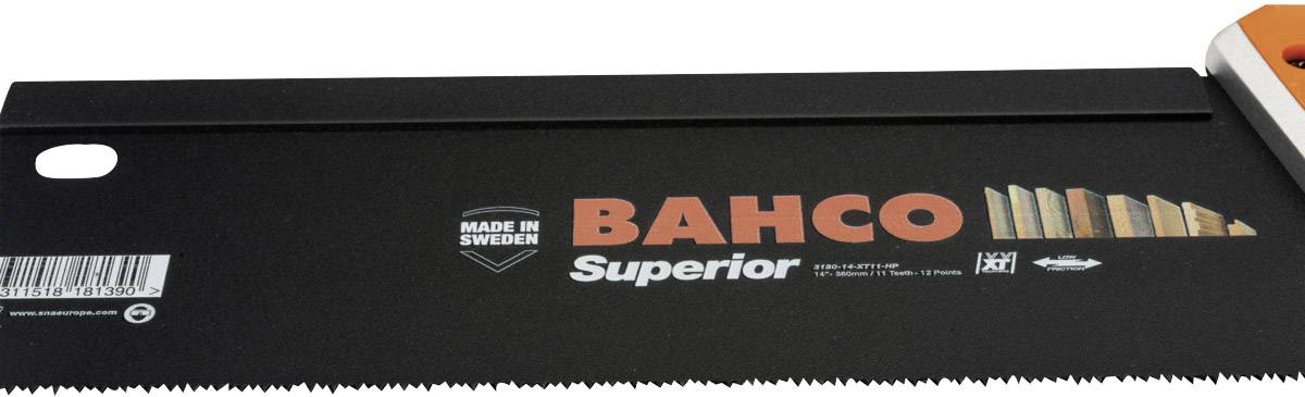 'Bahco Superior'-Sägeblatt aus Schweden, schwarz, mit Zahnmuster und Markenlogo.