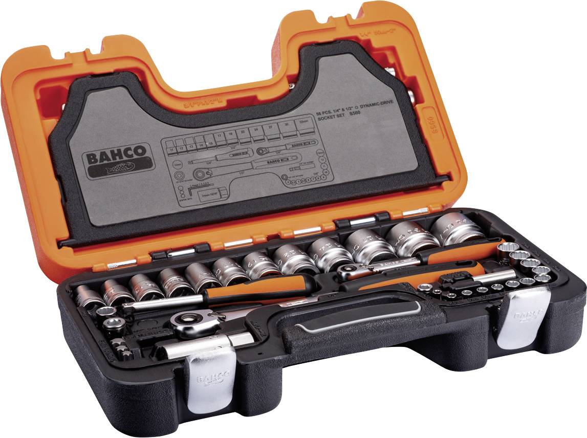 Coffret à outils comprenant un jeu de clés à douilles, une poignée articulée, des rallonges et différentes douilles, rangés dans un étui ouvert orange et noir.