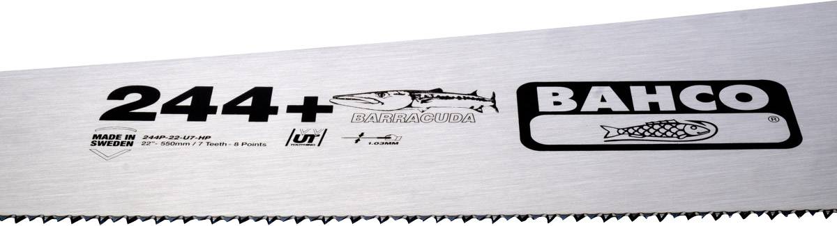 Sägeblatt mit Aufschrift '244+', Abbildung eines Barrakudas, Markenname 'Bahco', hergestellt in Schweden.
