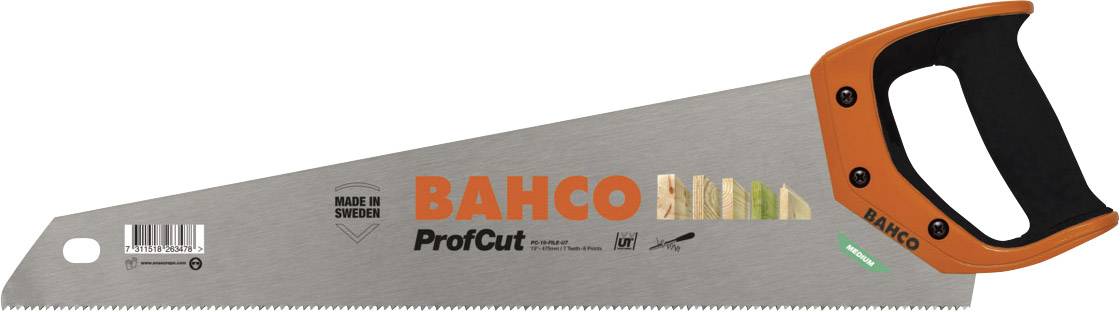Handsäge mit ergonomischem Griff. Markiert mit 'BAHCO ProfCut', hergestellt in Schweden. Optimiert für präzises Schneiden von Holz.