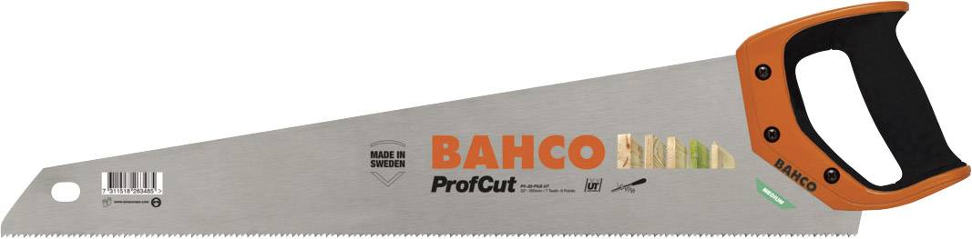Handsäge mit scharfer, gezahnter Klinge und ergonomischem schwarz-orange Griff. Markierung 'BAHCO ProfCut'. Geeignet für Holzarbeiten.