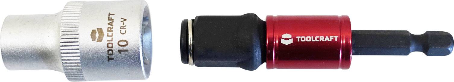 Adaptateur de douille à écrou borgne avec douille grise CR-V 10 à gauche et adaptateur rouge et noir à droite ; marqué 'TOOLCRAFT'.