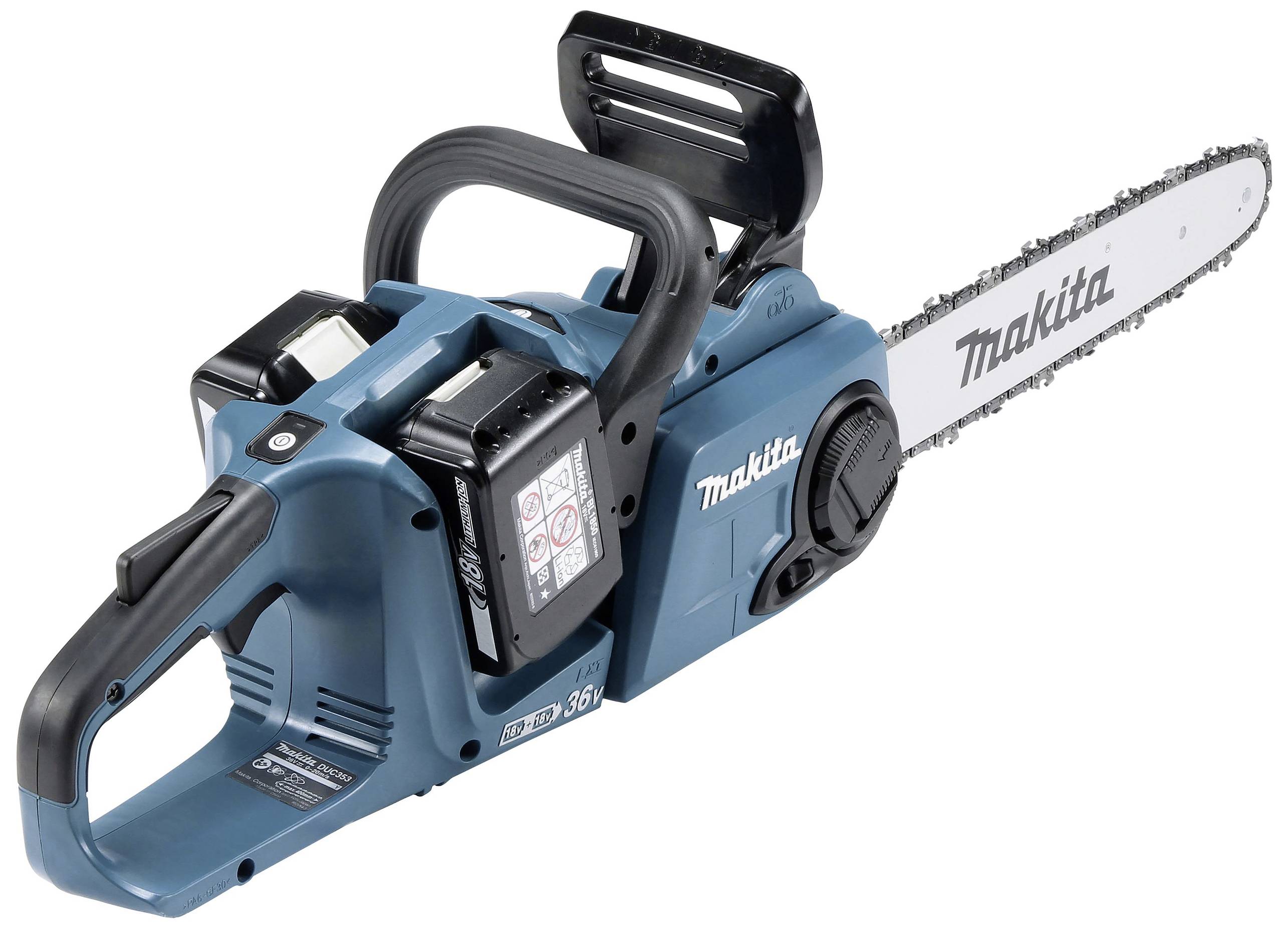 Tronçonneuse à batterie de marque Makita en bleu, avec poignée ergonomique, adaptée aux travaux de bois légers à moyens.
