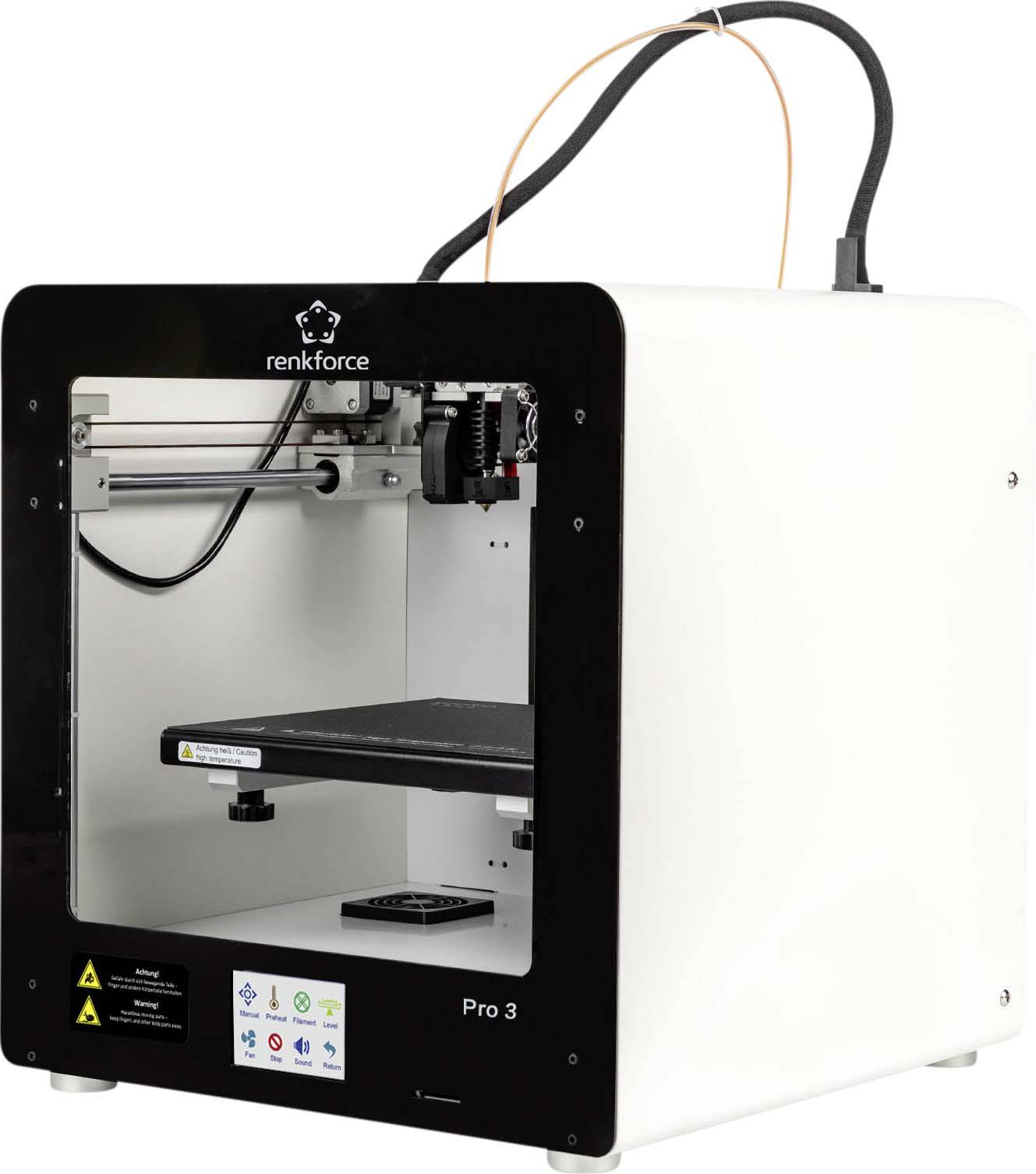 Imprimante 3D de la marque Renkforce, modèle Pro 3, dans un boîtier blanc. L'appareil est prêt à l'emploi avec sa plateau d'impression visible et ses câbles.