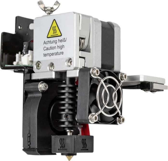 Extrudeur d'imprimante 3D avec composant chauffant et ventilateur, équipé d'un panneau d'avertissement 'Attention chaud !'.