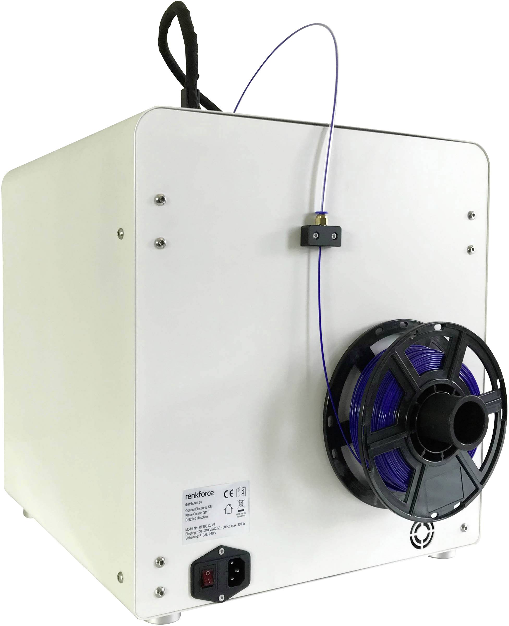 Une armoire de séchage de filaments avec une bobine de filament bleu sur le côté, idéale pour le contrôle de l'humidité des matériaux d'impression 3D.