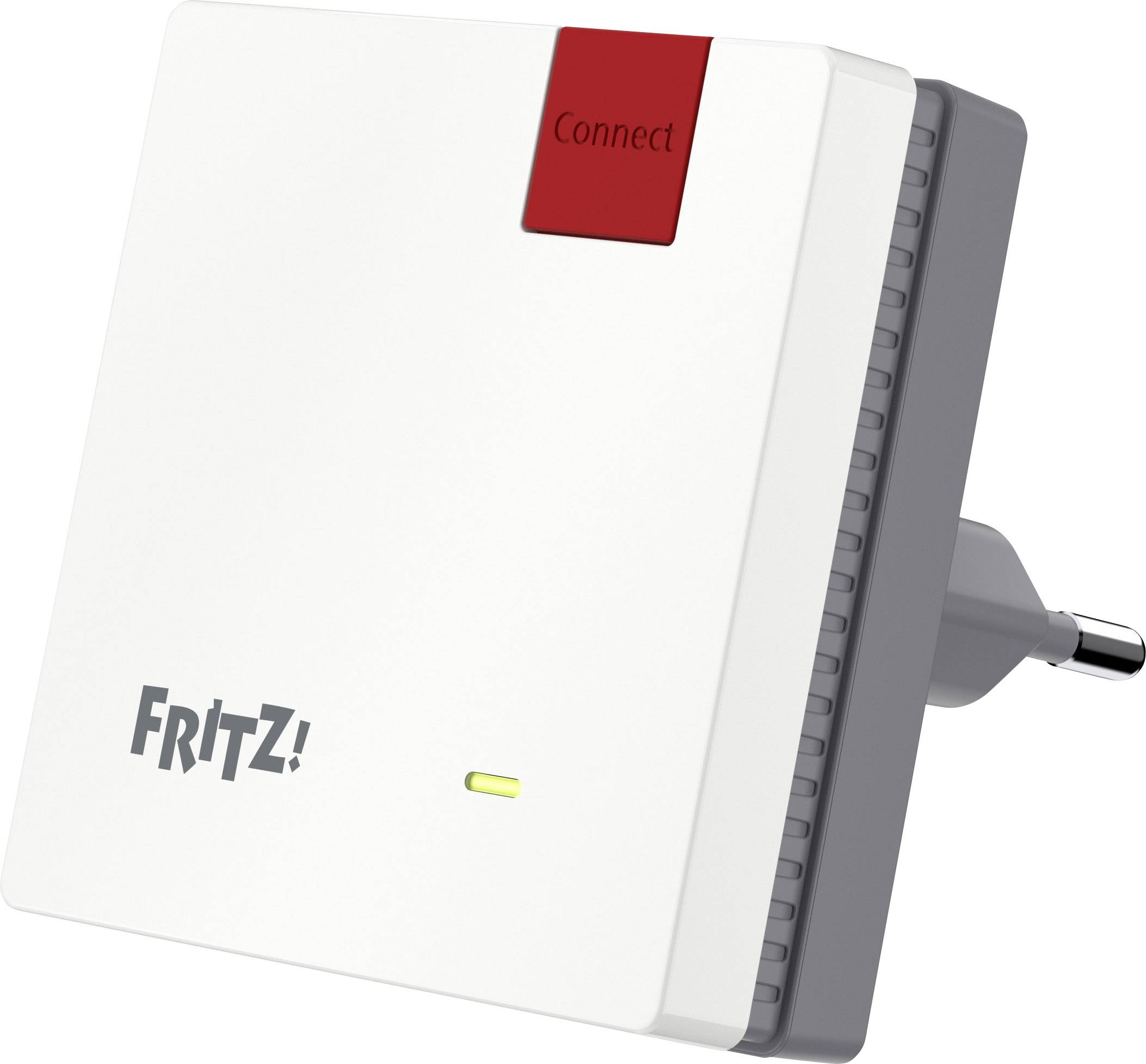 Répéteur Wi-Fi FRITZ! avec connexion par prise, boîtier blanc, bouton 'Connect' rouge et voyant LED jaune.