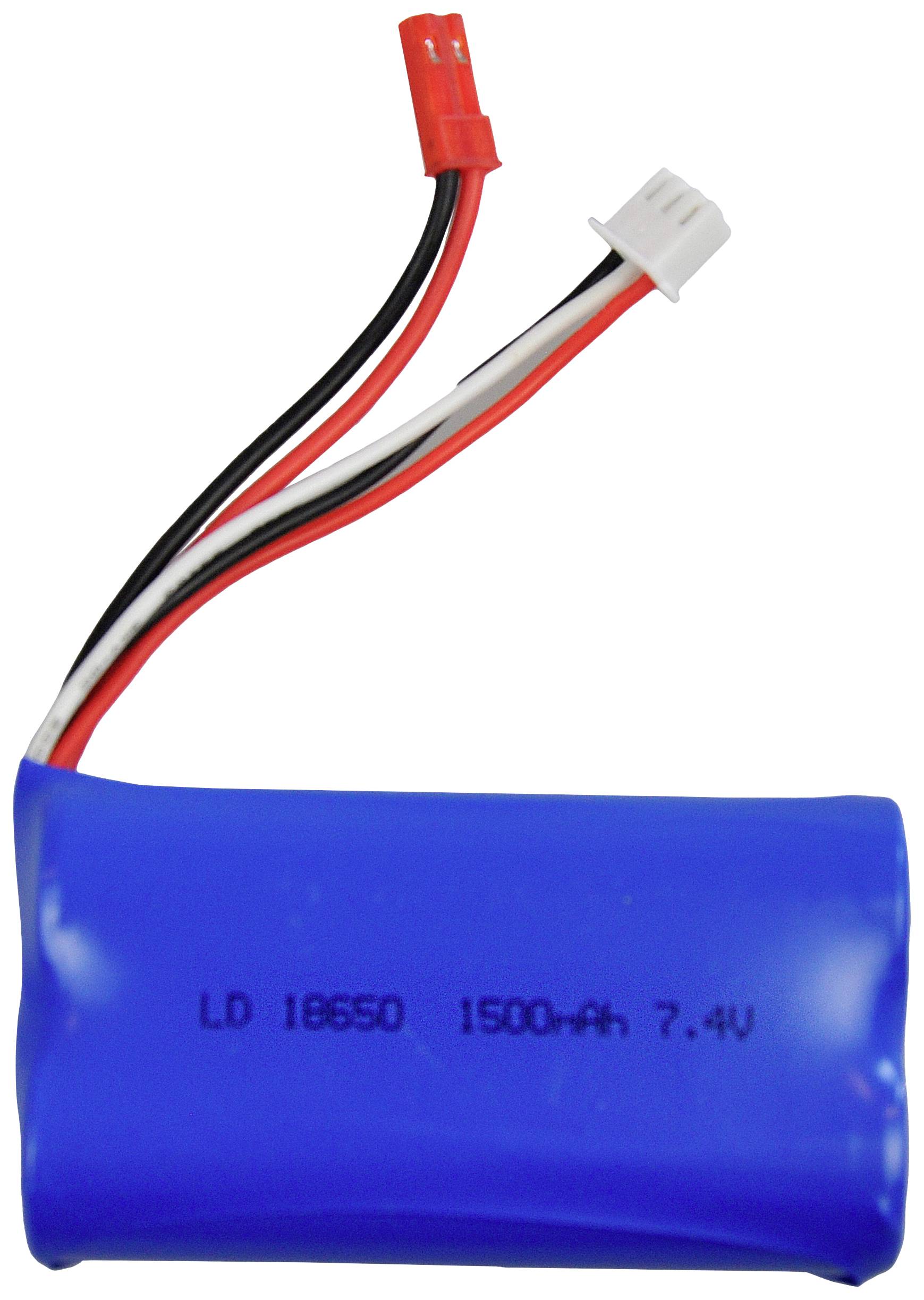 Un accumulateur lithium-ion bleu avec un câble rouge, noir et blanc, ainsi qu'un connecteur. Inscription : « LD 18650 1500mAh 7,4V ».