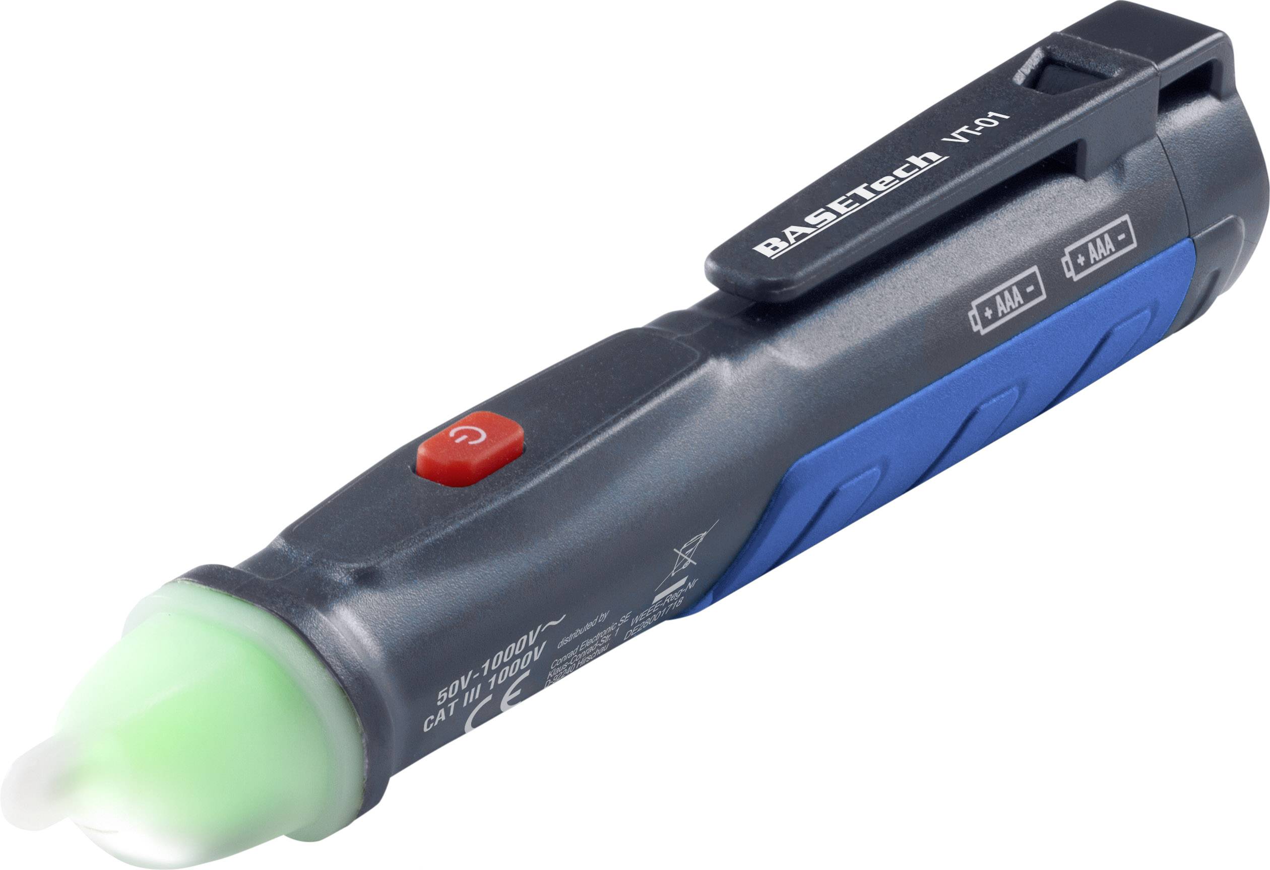 Un testeur de tension avec un capteur vert, un bouton rouge et un boîtier noir. Les marquages indiquent le modèle et les spécifications techniques.