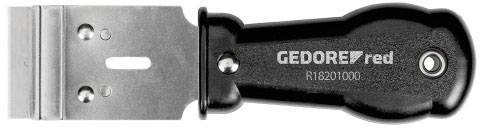 Illustration d'un racloir Gedore Red avec poignée noire et lame en métal. La poignée est marquée 'GEDORE red R18201000'.