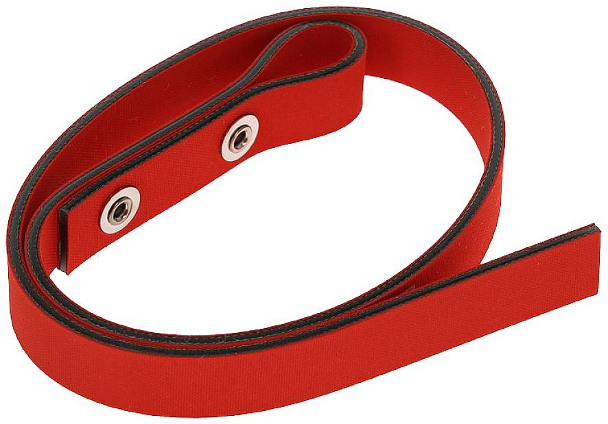 Un ruban rouge et plat avec deux œillets métalliques ronds à une extrémité, enroulé.