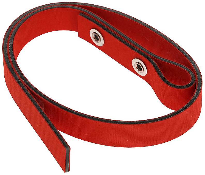 Un ruban de mesure pour sabot de couleur rouge avec des anneaux métalliques intégrés, utilisé pour mesurer la largeur des sabots de cheval.