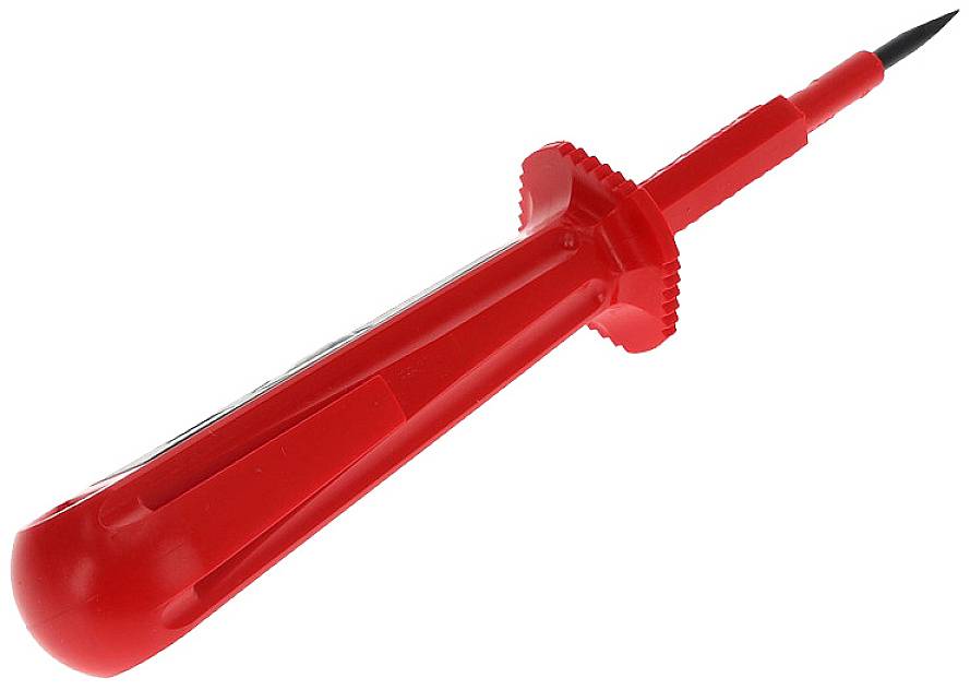 Testeur de tension électrique rouge avec pointe de test noire, utilisé pour vérifier la présence de tension dans les circuits électriques.