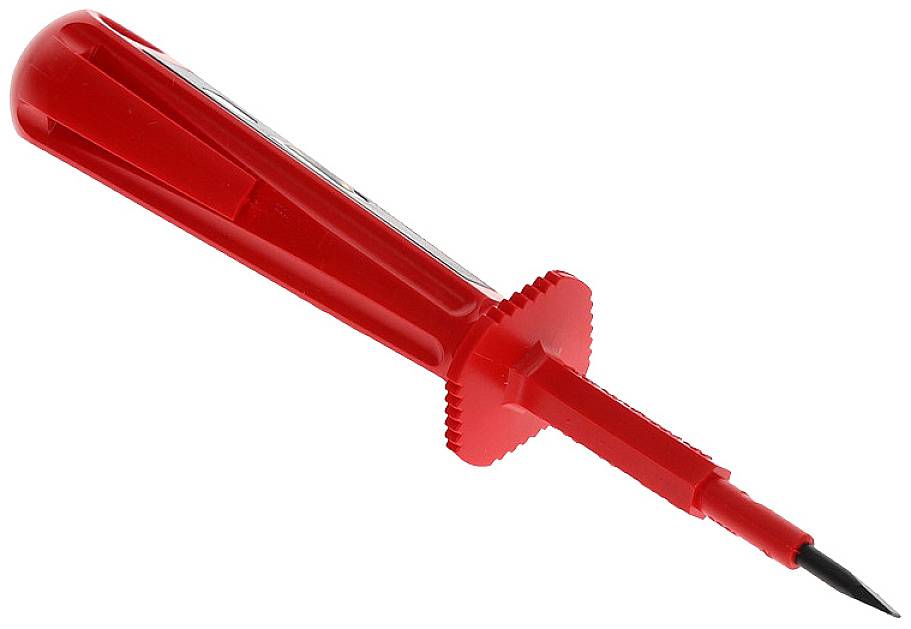 Testeur de tension simple avec poignée en plastique rouge et pointe métallique, utilisé pour vérifier la tension électrique dans les conducteurs.